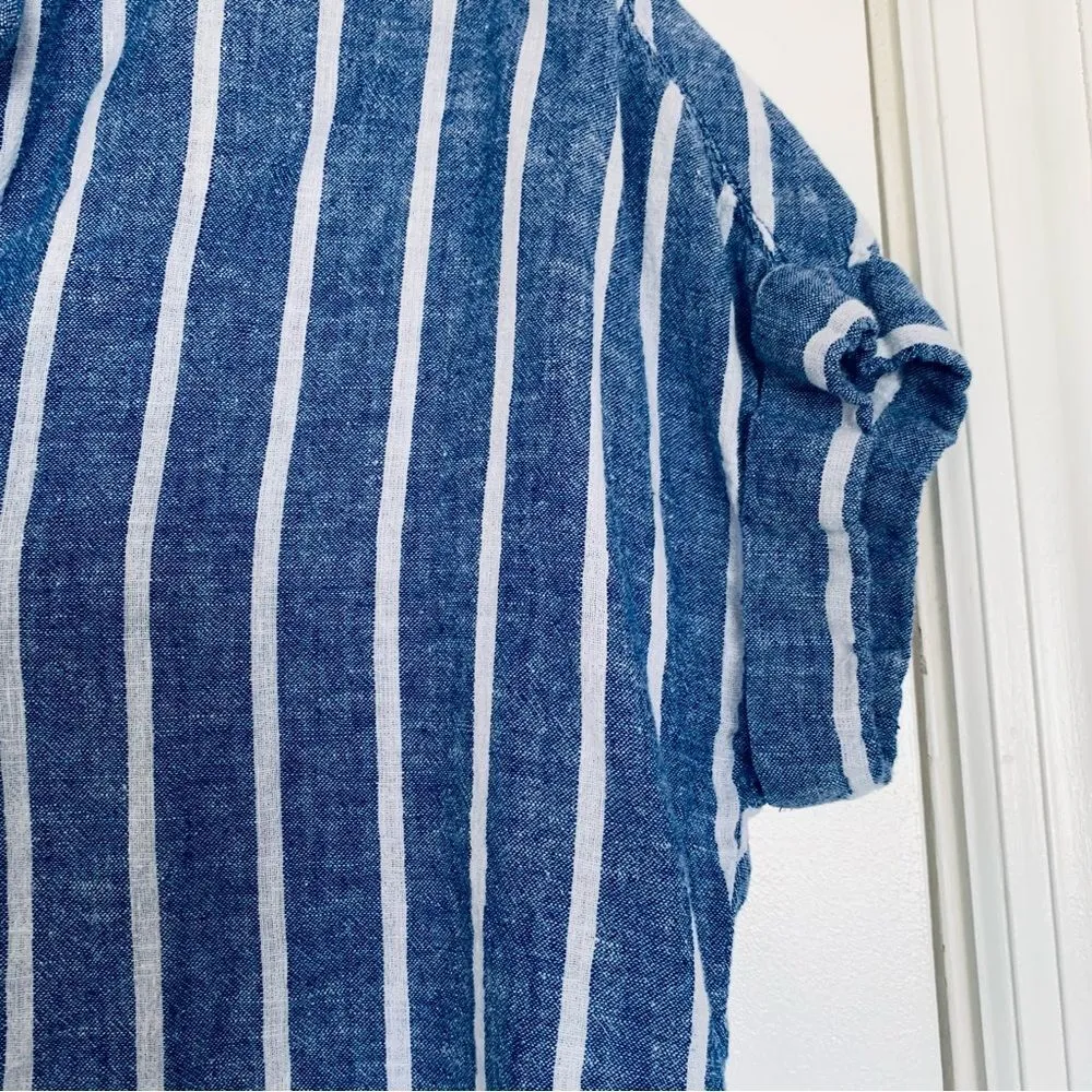Anthropologie Beach Lunch Lounge Linen/Cotton Blend Blue & White Striped Blouse - Image 3
