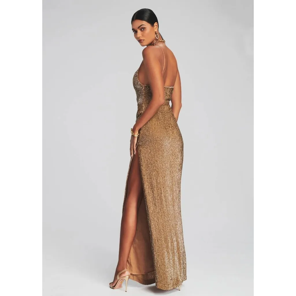 retrofete Katya Sequin Maxi Dress Bronze Womens Size Medium Gold - Image 4