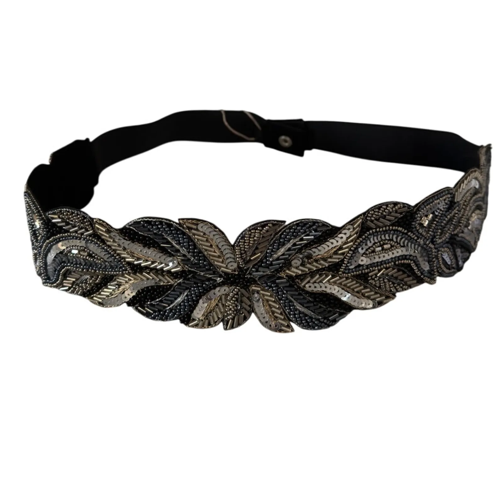 Silver Beaded Embroidered Boho Festival Floral Belt Elastic Waistband NWT - Image 11