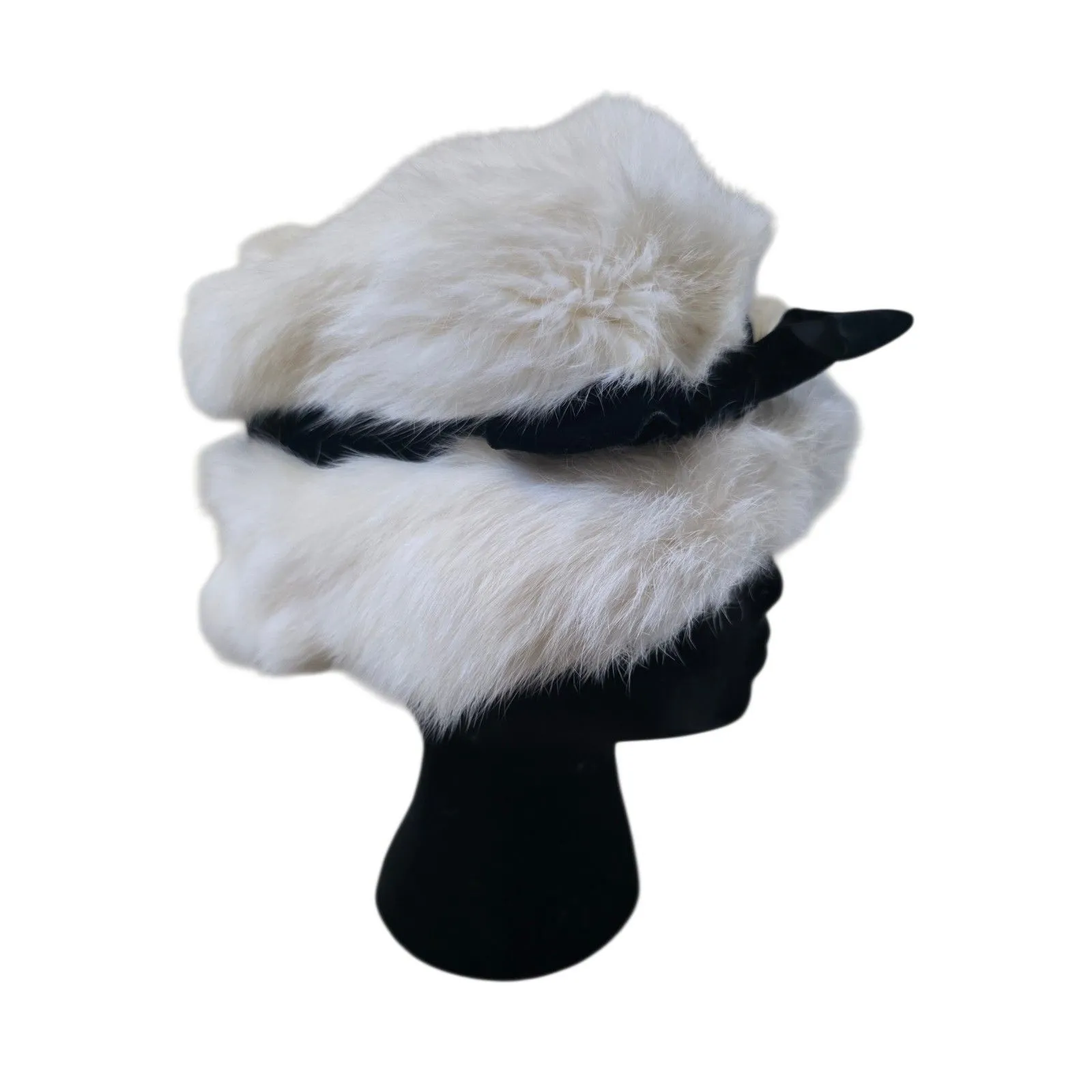 Vintage Brentshire White Rabbit Fur Hat Bucket Black Ribbon Women Size XS Luxury - Image 3