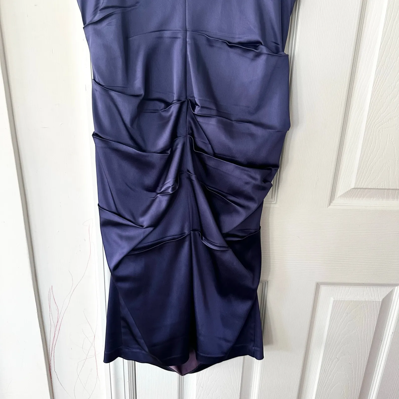 Xscape Navy Blue Bejeweled Embellished Neckline Ruched Cocktail Evening Dress 14 - Image 9