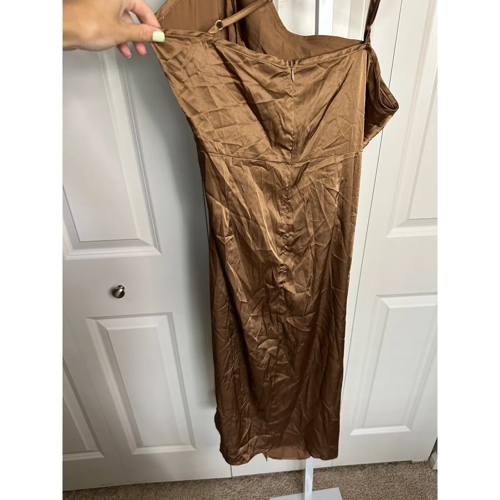 Satin Slip Dress Ruched Bodycon Cocktail‎ Party Dress Brown Size M - Image 5