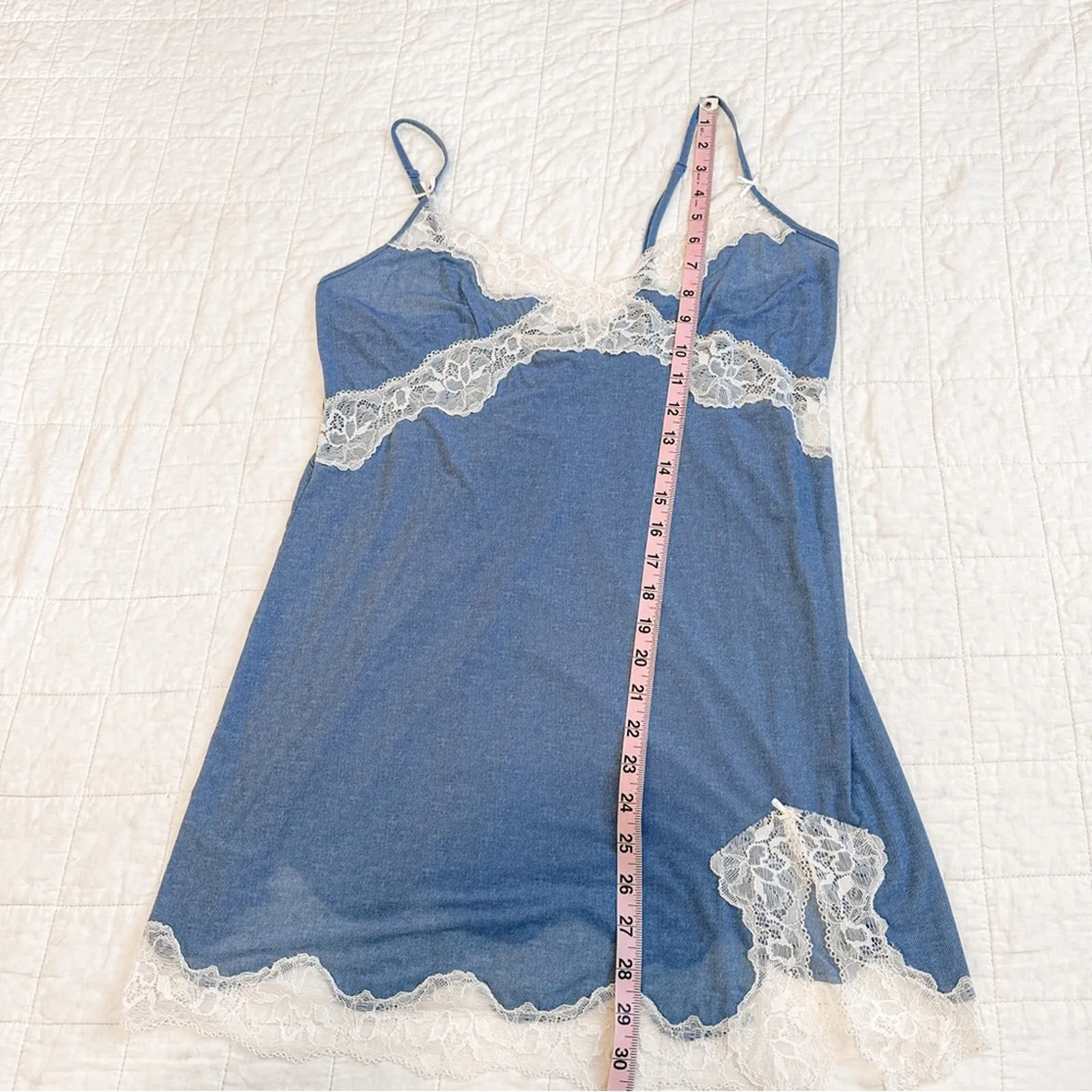 Victoria's Secret Blue and White Lace Chemise Slip Dress Y2K Large - Image 8