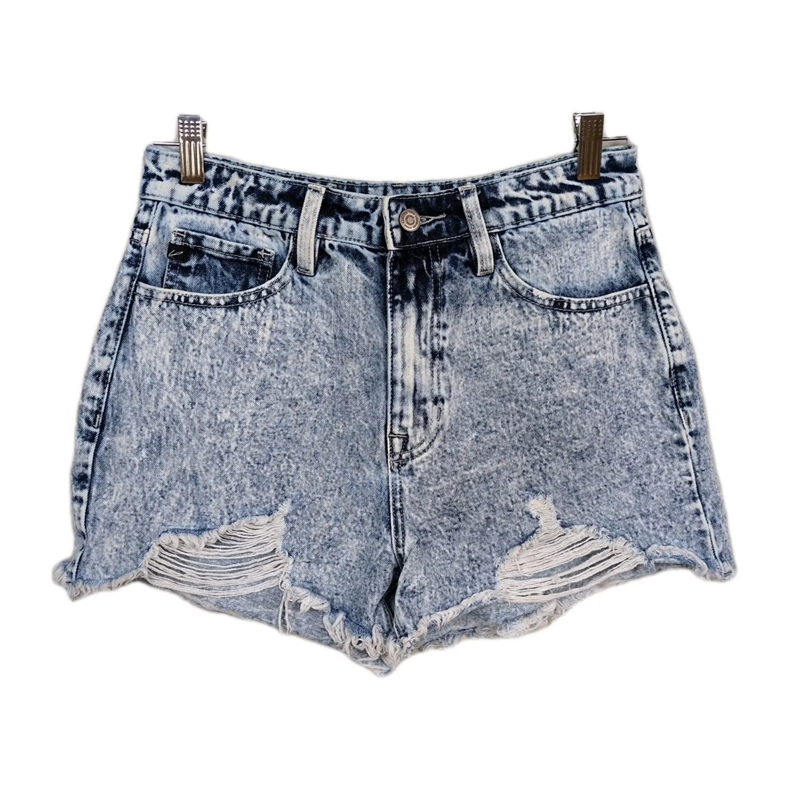 KANCAN Acid Wash Ultra High Rise Rigid Denim Mom Short Raw Hem Women's 7/27 Blue - Image 2