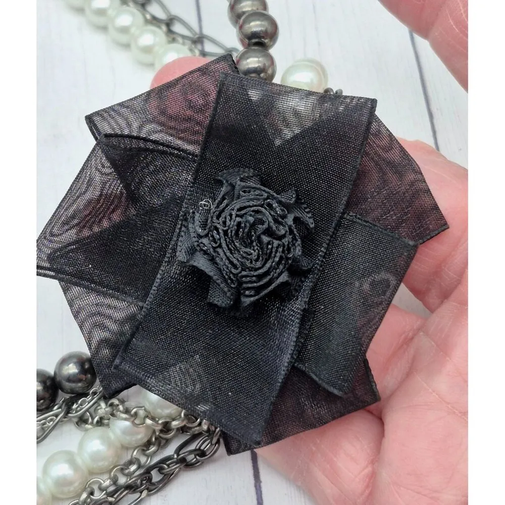 Gun Metal Chain Beads Faux Pearls & Black Bow Multi Strand Collar Necklace 23" - Image 8