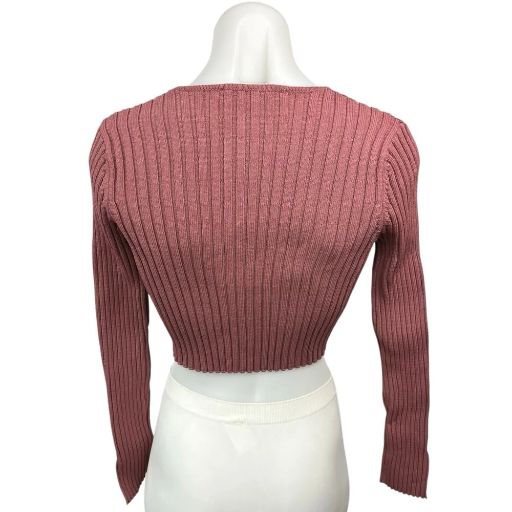 Zara Mauve Brown Ribbed Knit Tie Front Long Sleeve Crop Cardigan Sweater Top S - Image 2