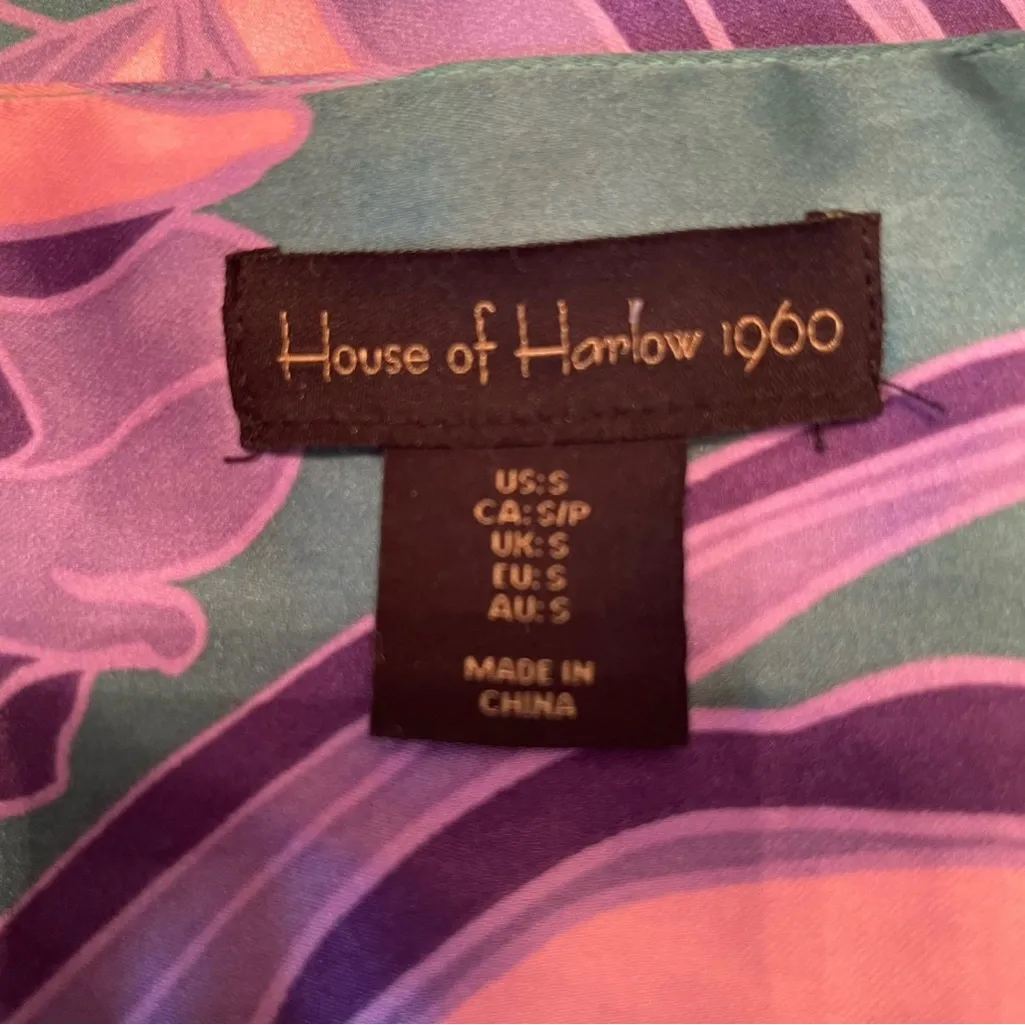 House of Harlow Long Satin Slip Dress Ruched Floral Purple Green Iris Small - Image 9