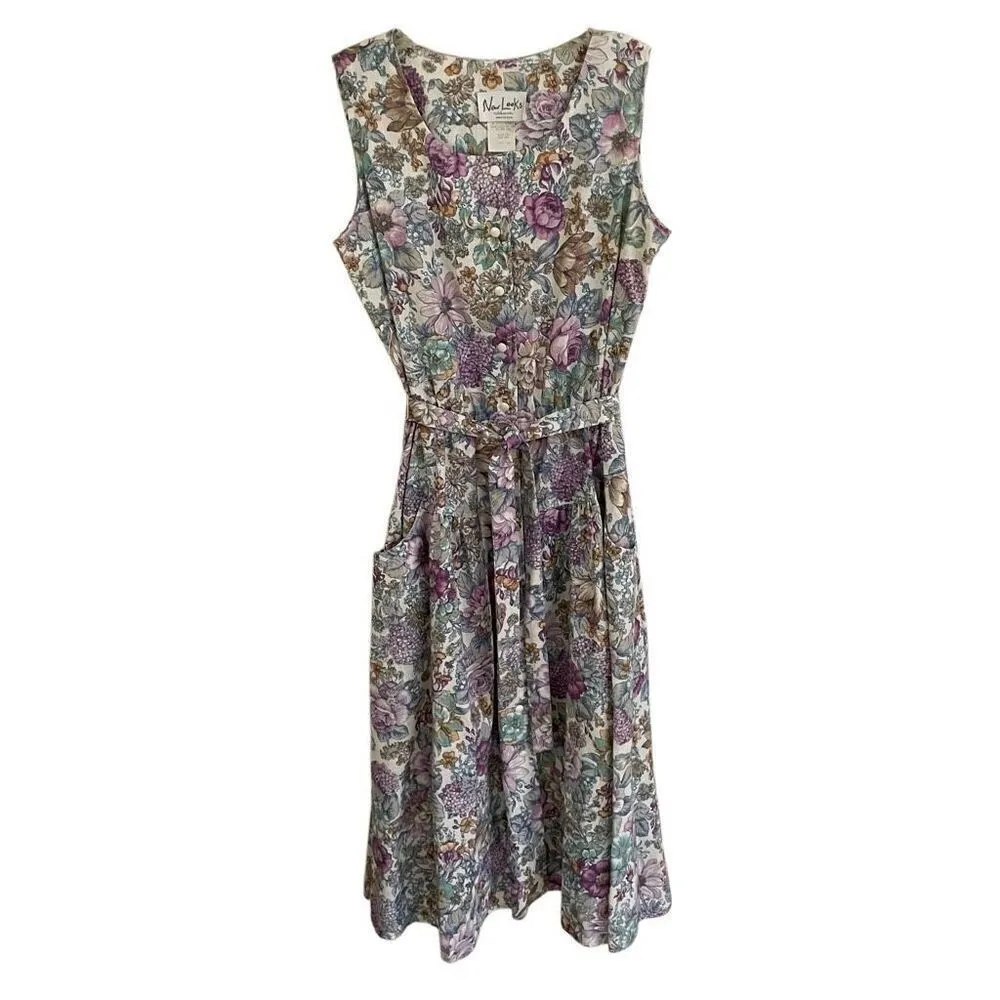 Vintage New Looks Granny floral wide strap belted sundress womens*16 Modest Boho Purple - Image 5