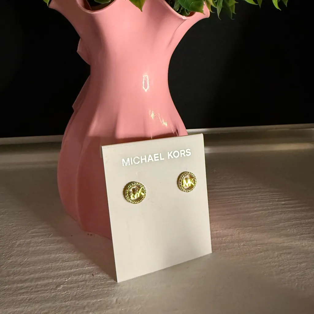 Michael Kors Gold-Tone Logo Stud Earrings Round Crystal Accent NWT - Image 2