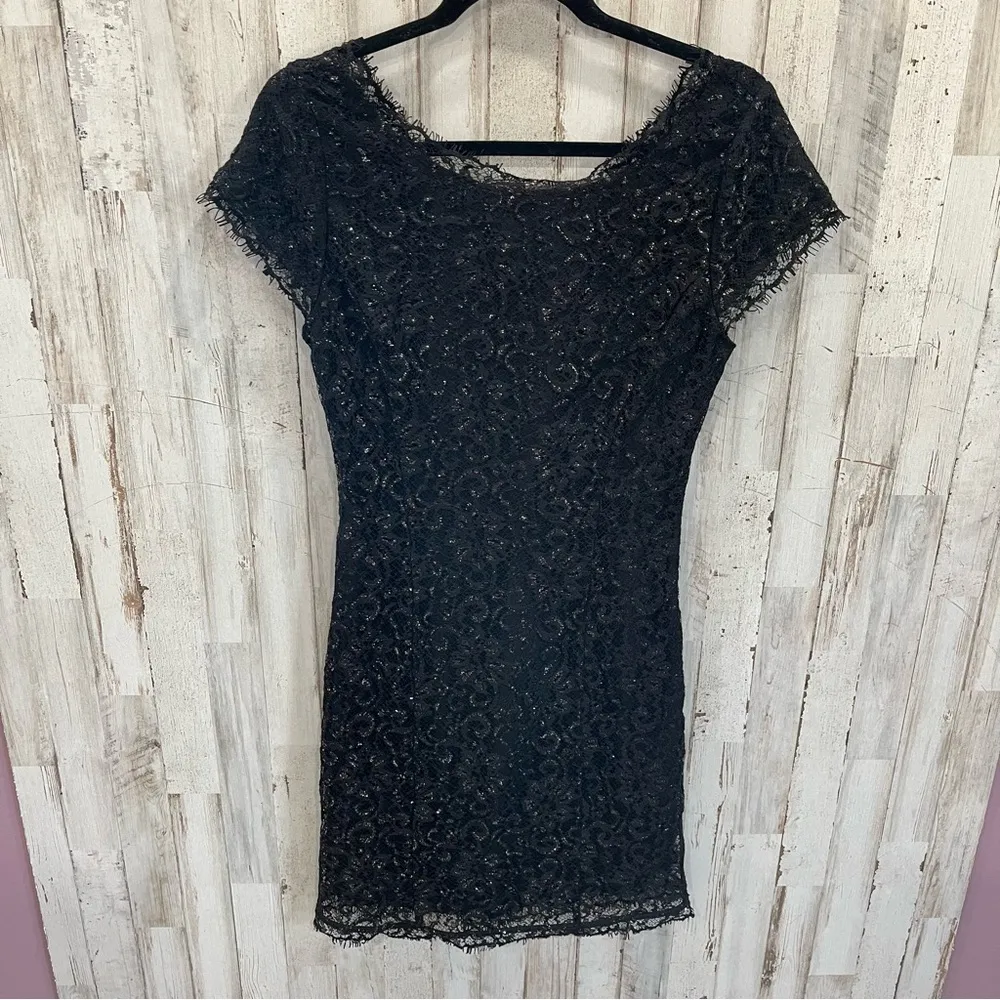 Joie Martin Black Lace Overlay Metallic Mini Dress LBD Little Black Dress - Image 5