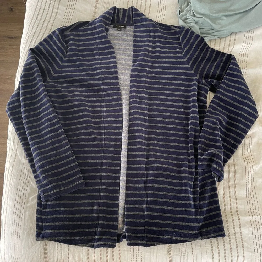 Talbots Striped Cardigan Sweater Medium Blue Velour Velvet Prep Mature Old Money - Image 5