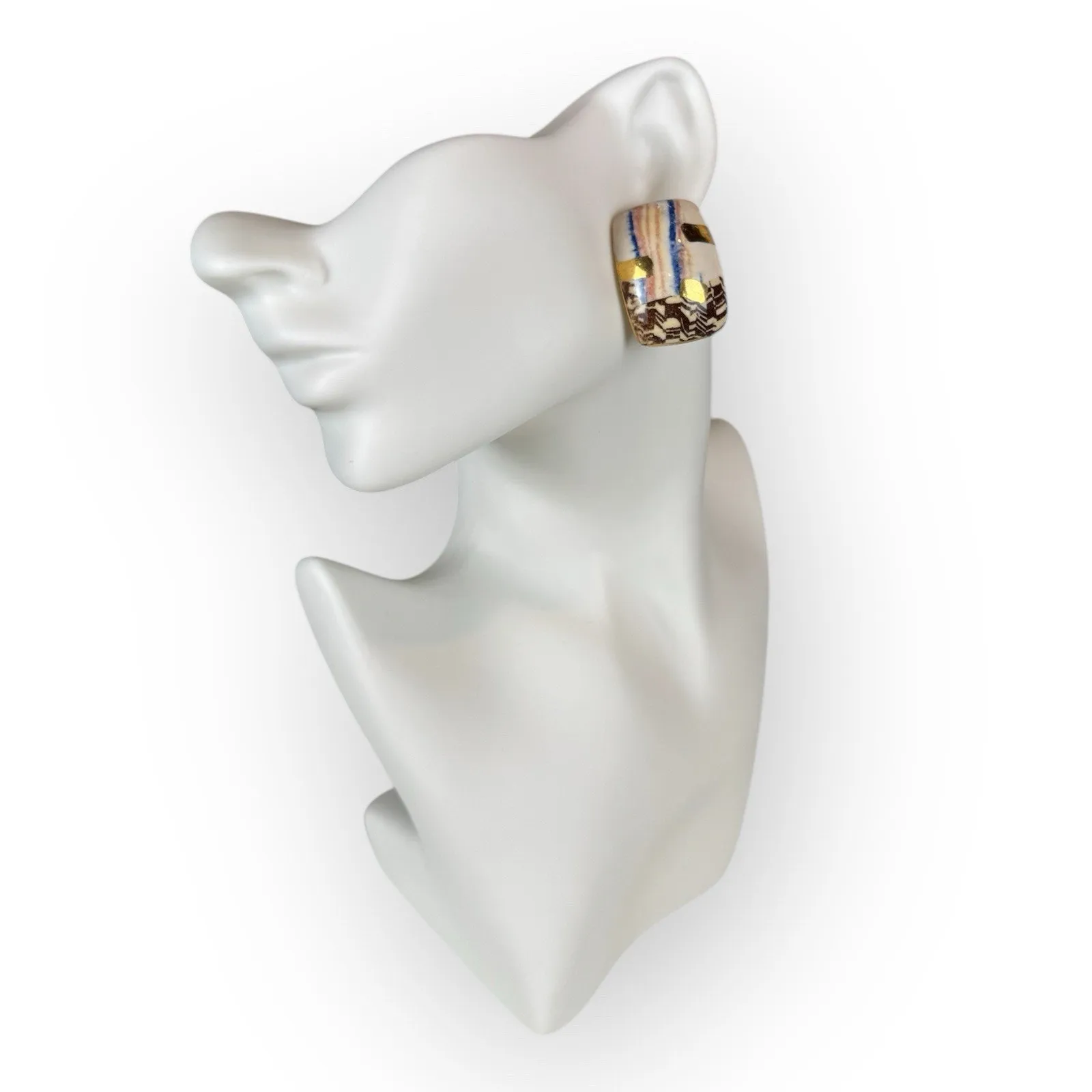Vintage Abstract Ceramic Statement Earrings With Gold Foil 1” - Image 6