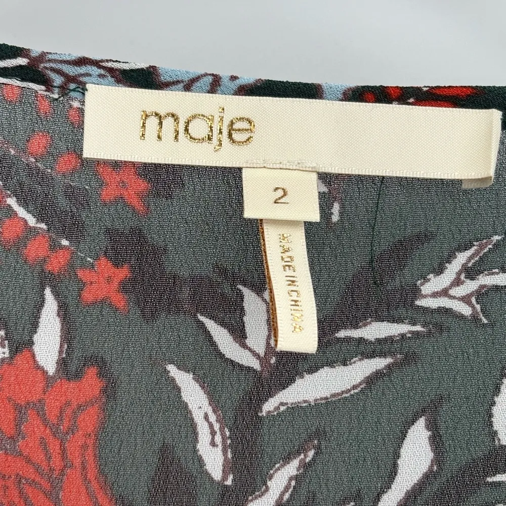 Maje Paris Green Floral Lo Fleur Crepe Georgette Top Sheer Smocked Blouse Large - Image 4