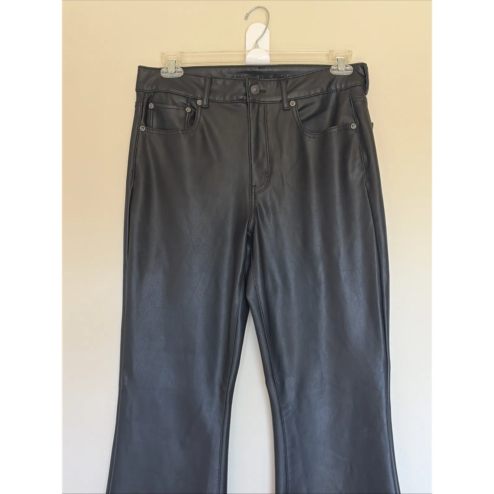 American Eagle Classic Black Faux Leather Super Hi-Rise Flare Pants Womens 14R - Image 2