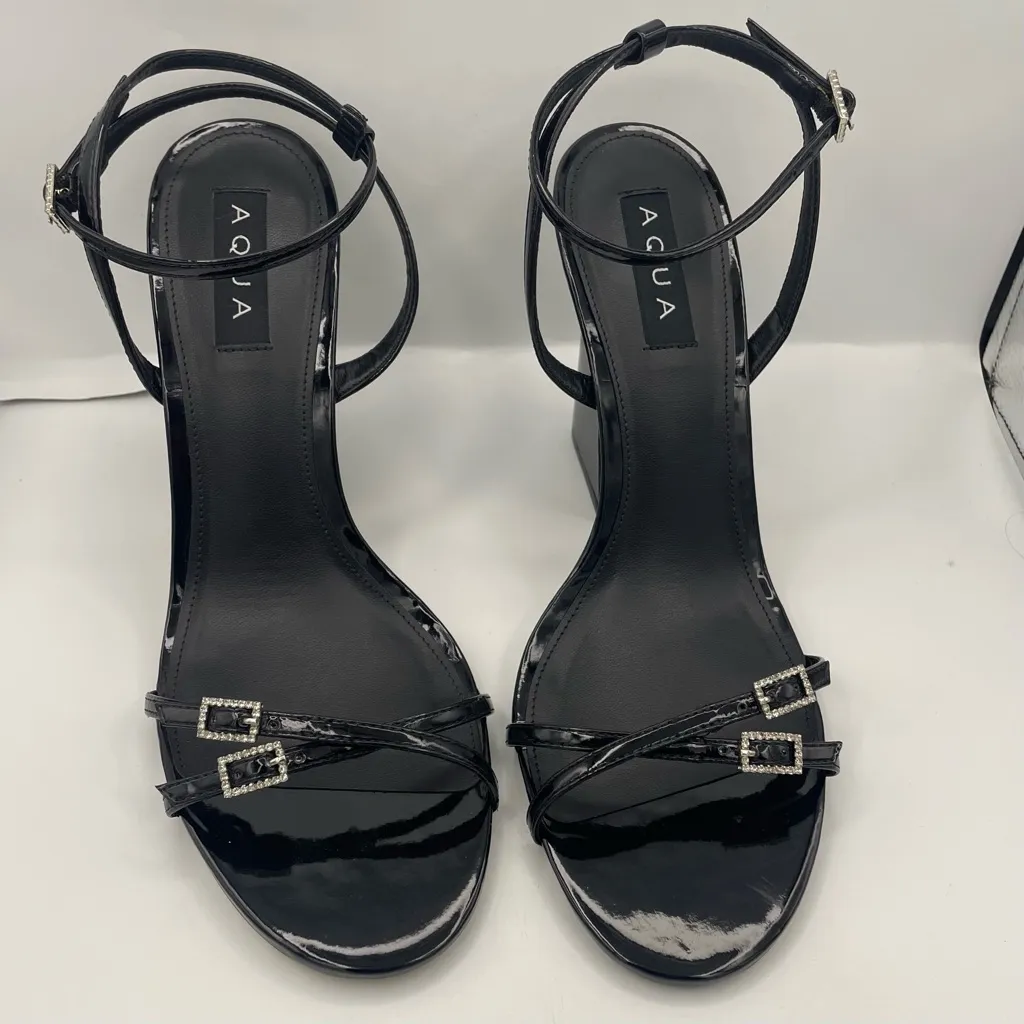 Aqua patent leather black strappy heel sandals women’s Size 11B- Bloomingsdales - Image 3