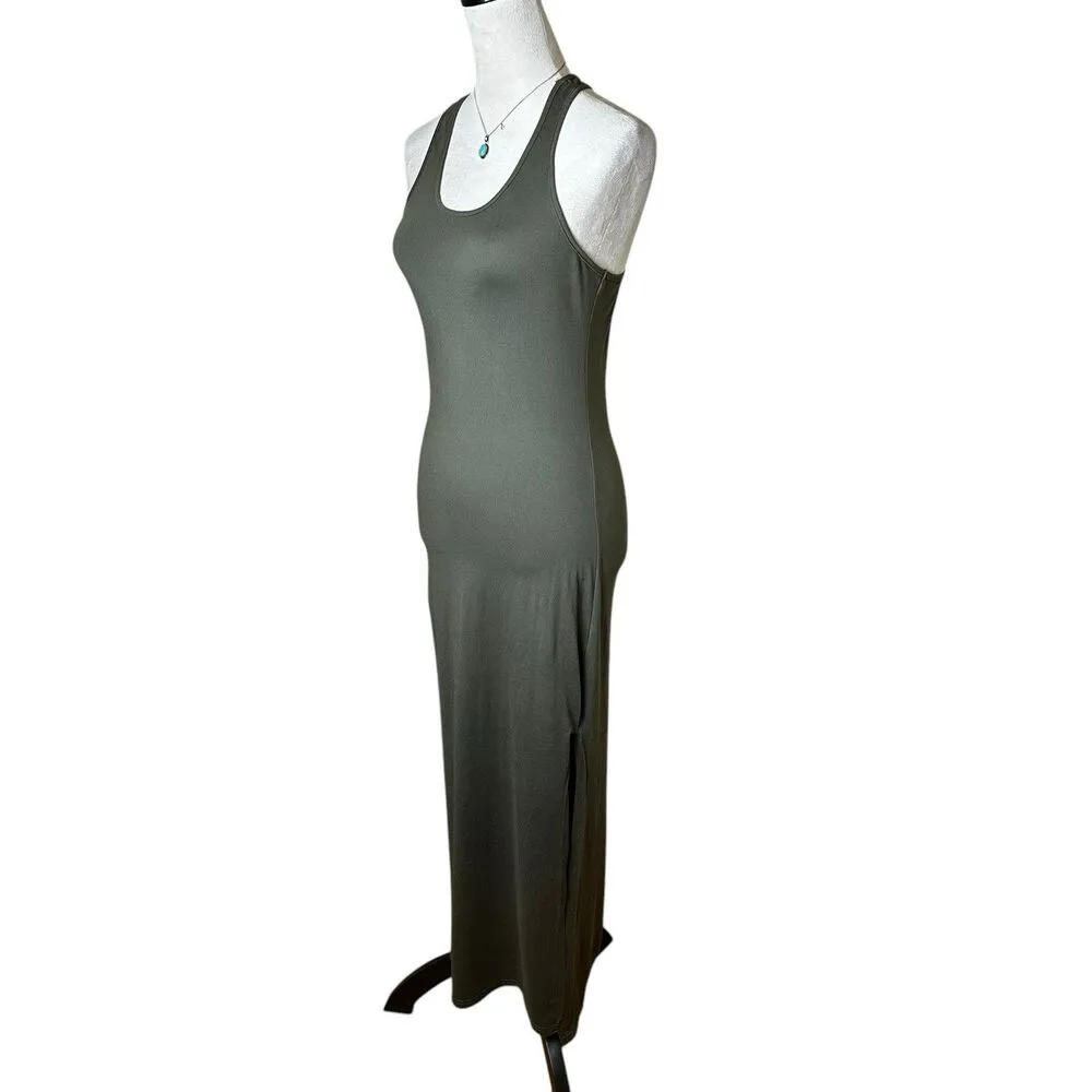 Maze Olive Green Bodycon Stretchy Tank Maxi Dress Side Slits Casual Minimalist Size L - Image 4