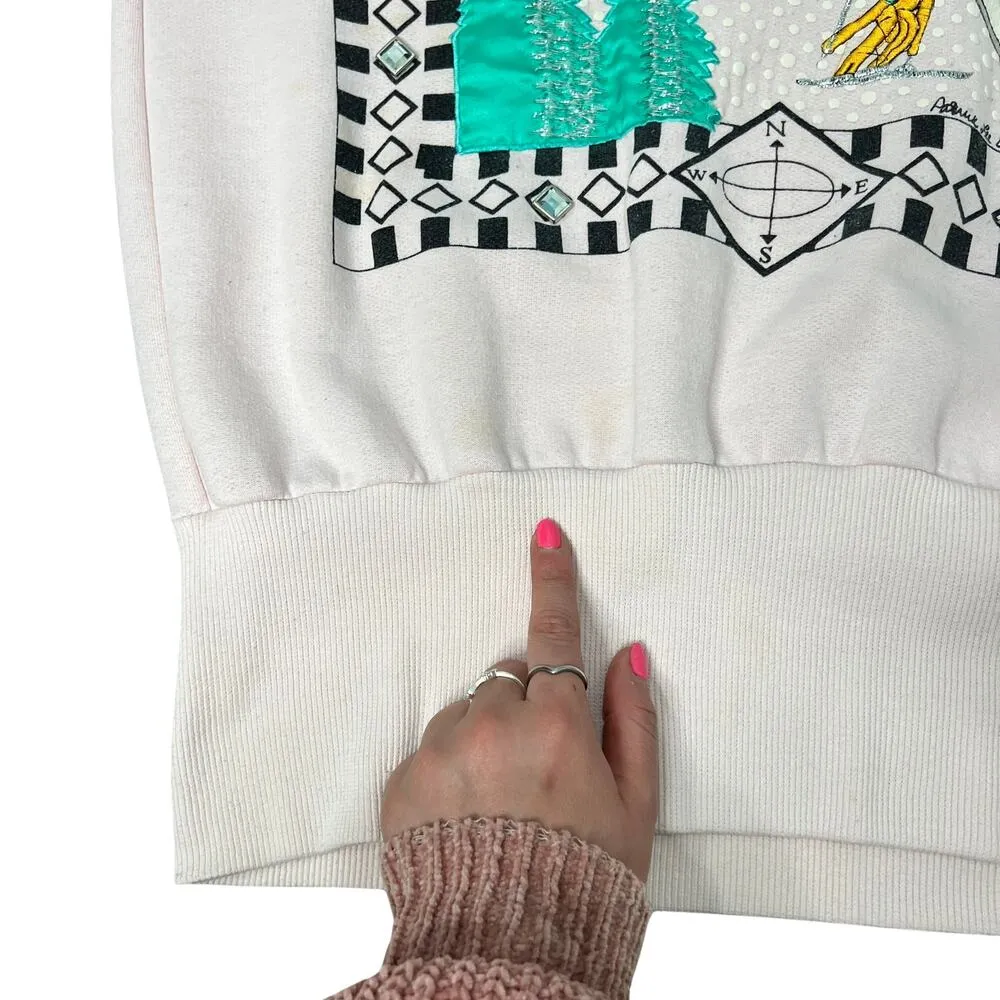 Vintage 80s Baby Pink Mixed Media Skiing Winter Sweatshirt Crew Neck Size L Size L - Image 10