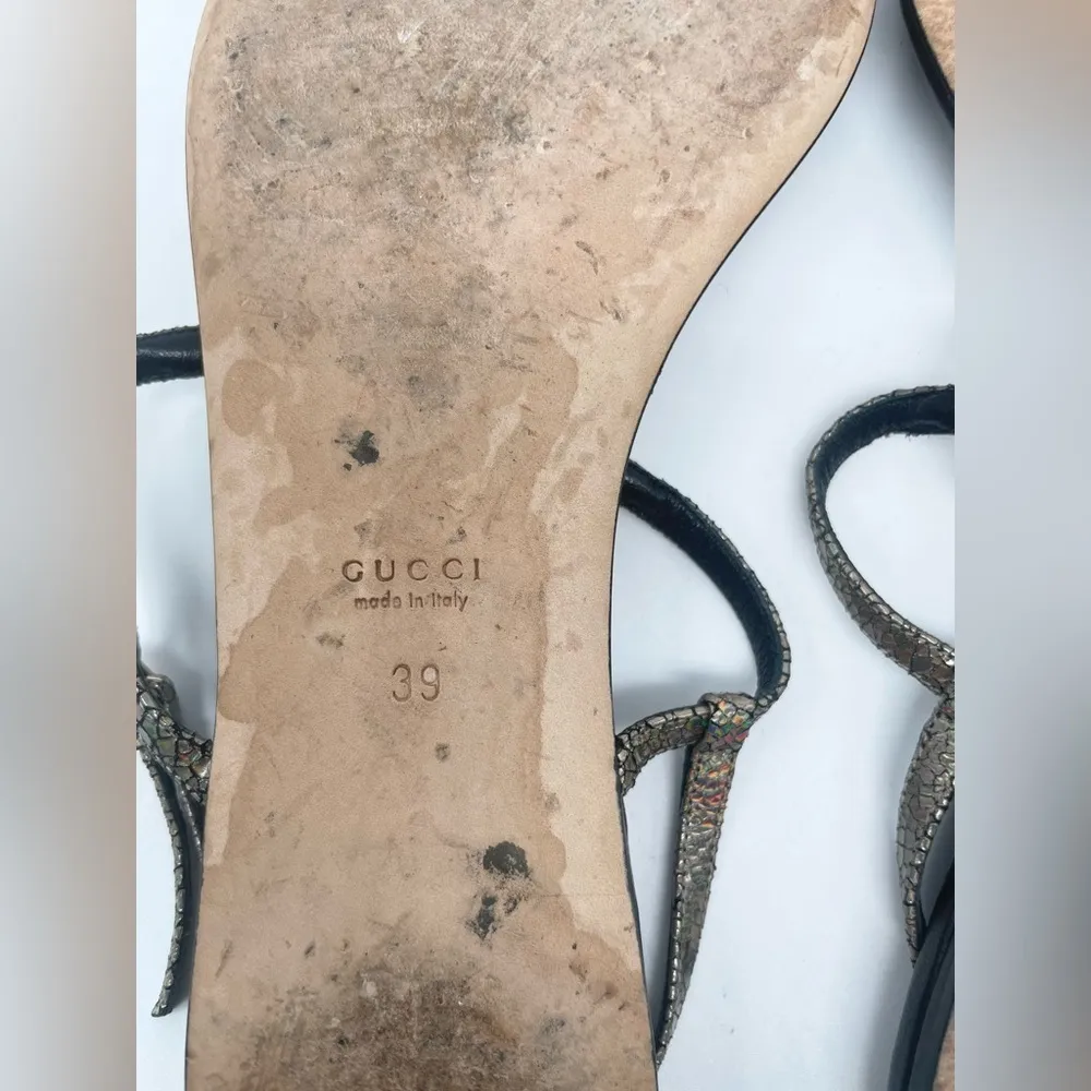 Gucci Black Metallic Leather Ellemere GG Interlocking HEART Thong Sandal EU 39 - Image 9