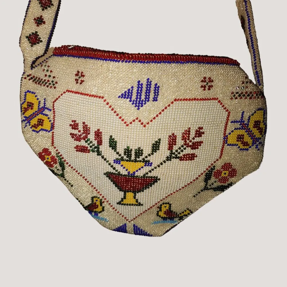 Vintage Beaded Purse Floral Heart Design Cream Red Beads Quilt Interior Zipper - Image 10
