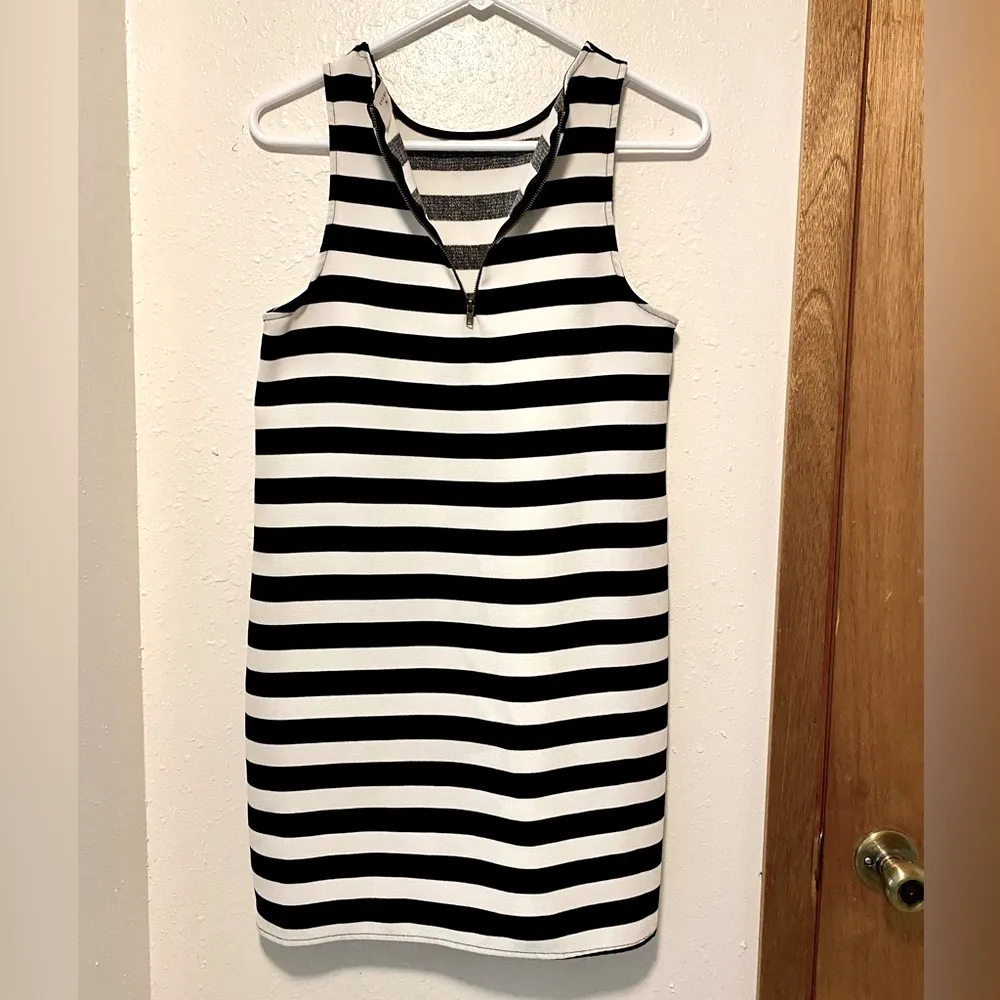 Everly Black/White Sleeveless Striped Shift Dress - Image 5