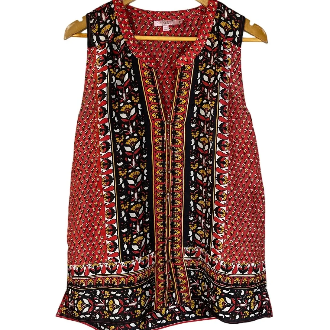 Calypso St. Barth Sunset Madela Silk Button‎ Front Sleeveless Blouse Size Small - Image 3