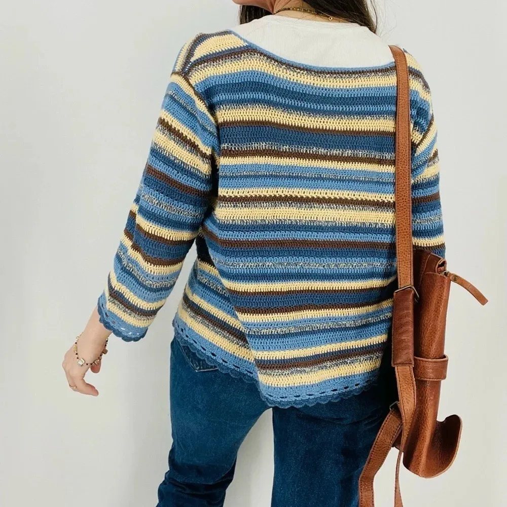 vintage cottagecore crocheted button down striped cardigan size L Brown Size L - Image 7