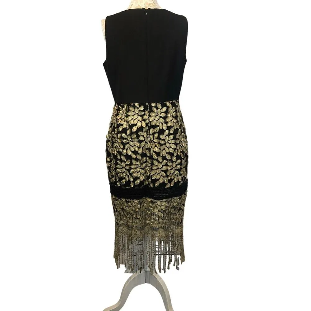 Belle Badgley Mischka Black & Gold Fringe Hem Formal sleeveless Dress 12 - Image 14
