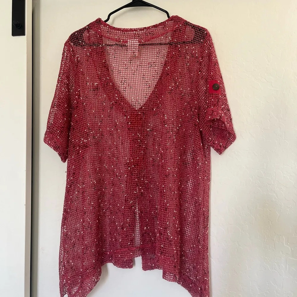 Blair Women’s Open Knit Mesh Red Over Shirt Top Boho Arsty Button Large Coverup - Image 2