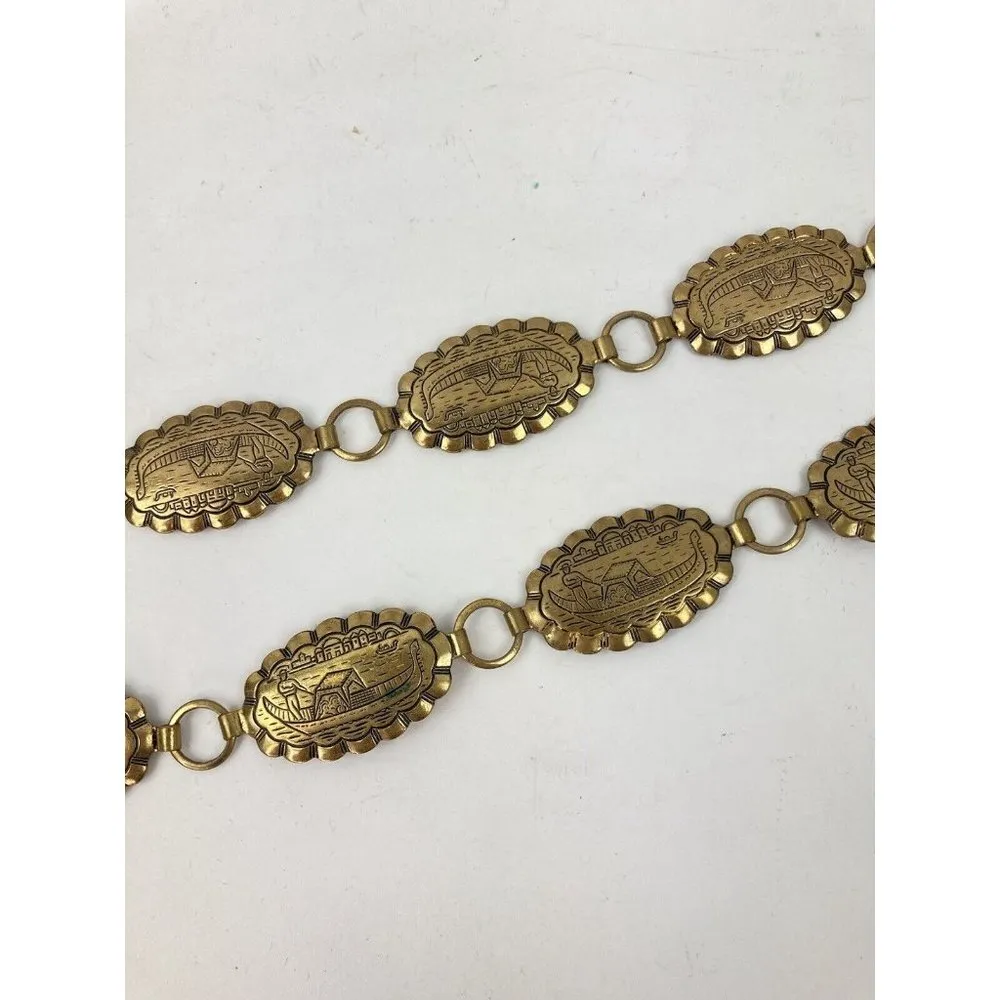 Unique Vintage *Vintage Gold Tone Metal Linked Hip Belt Asian Boats On Water - Image 3