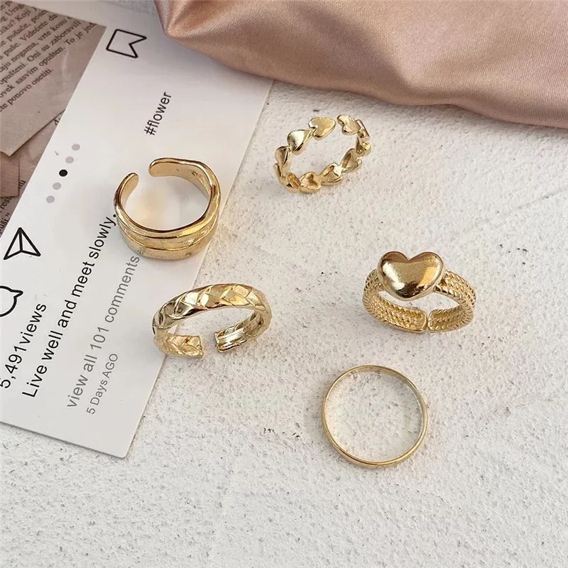 Y2K Aesthetic Heart Geometric Gold Ring Set of 5 - Image 2