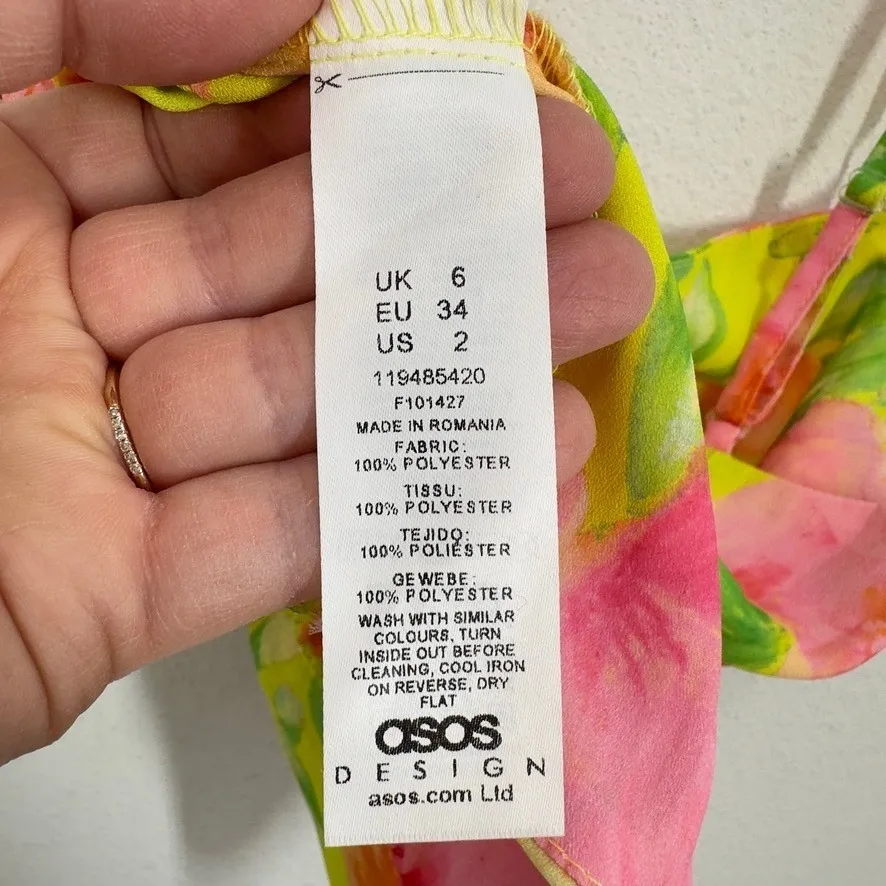 ASOS Design Floral Halter Neck Ruched Crop Top Neon Yellow Pink Green Size 6 - Image 9
