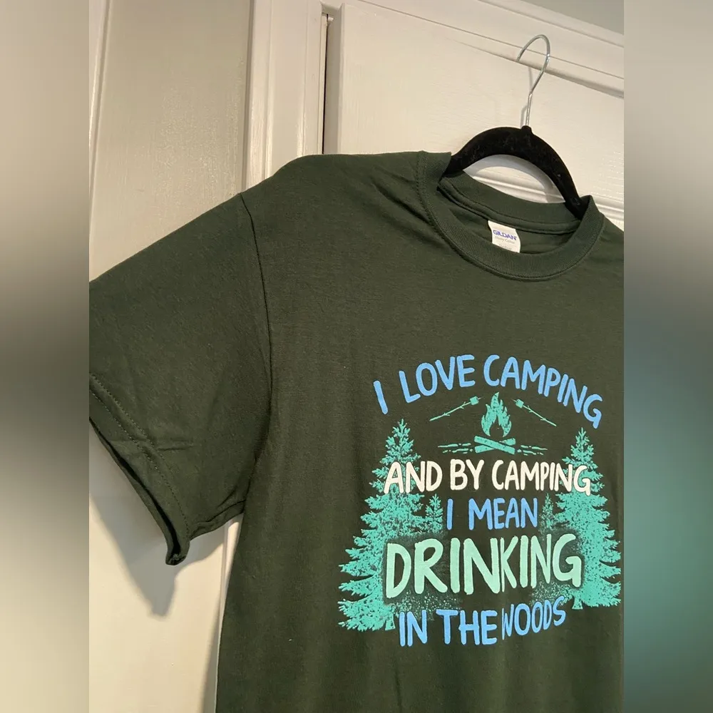NWOT Green Size S Graphic Print Tee Shirt Love Camping Drinking Woods Funny - Image 6