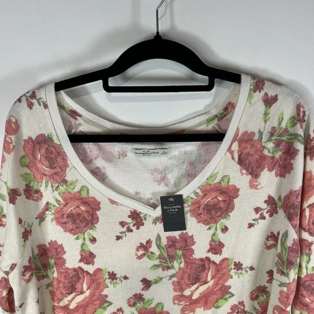 Women's Abercrombie & Fitch Long Sleeve VNeck Floral Blouse Tag Sz L Waffle Knit - Image 2