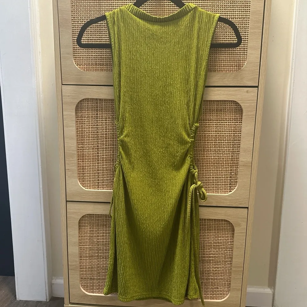 Drawstring Side Ruched Dress Solid Stand Collar Sleeveless Casual Plain Dress Green - Image 7