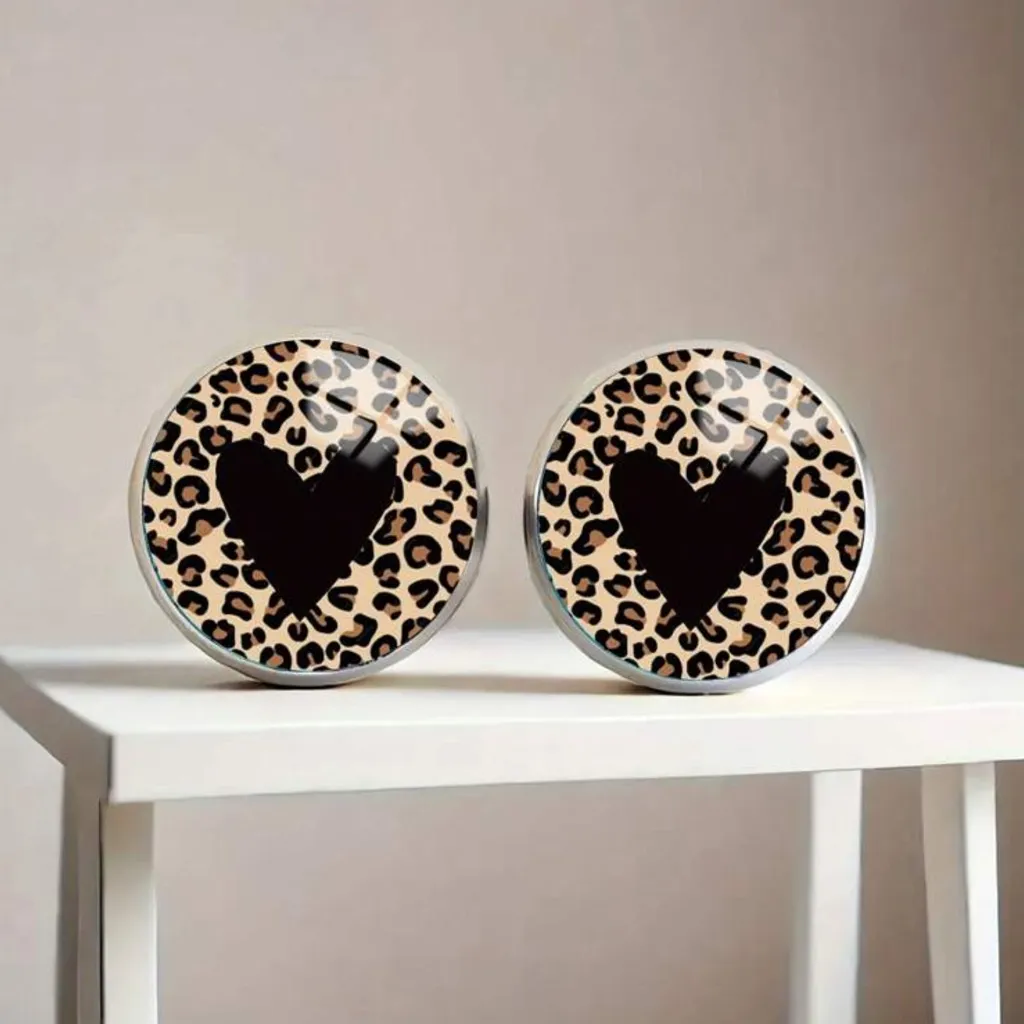 Leopard Print Heart Stud Earrings Black - Image 6