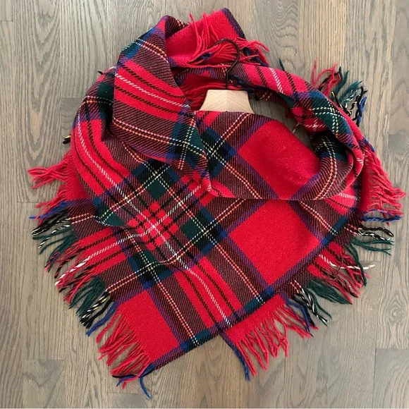 Vintage Neiman Marcus 100% Wool Classic Plaid Blanket Scarf in Red Tartan Plaid - Image 1