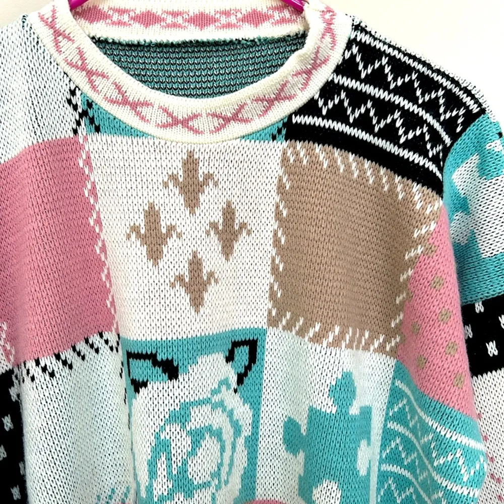 Private Eyes Vintage Sweater with roses and puzzle pieces M Pink Size M - Image 2