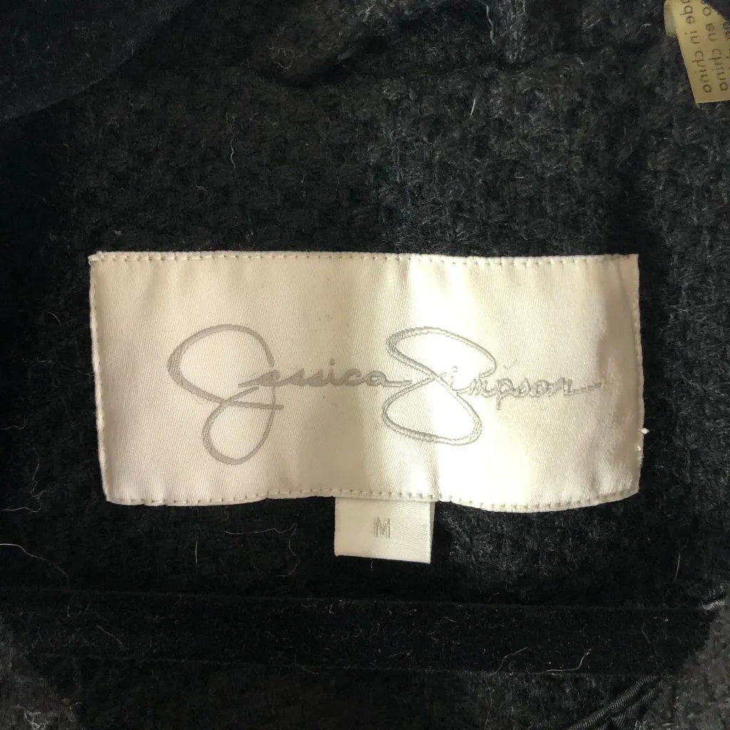 Jessica Simpson Black Belted Textured Wool Blend Coat Gold Button Zipper M - Image 4