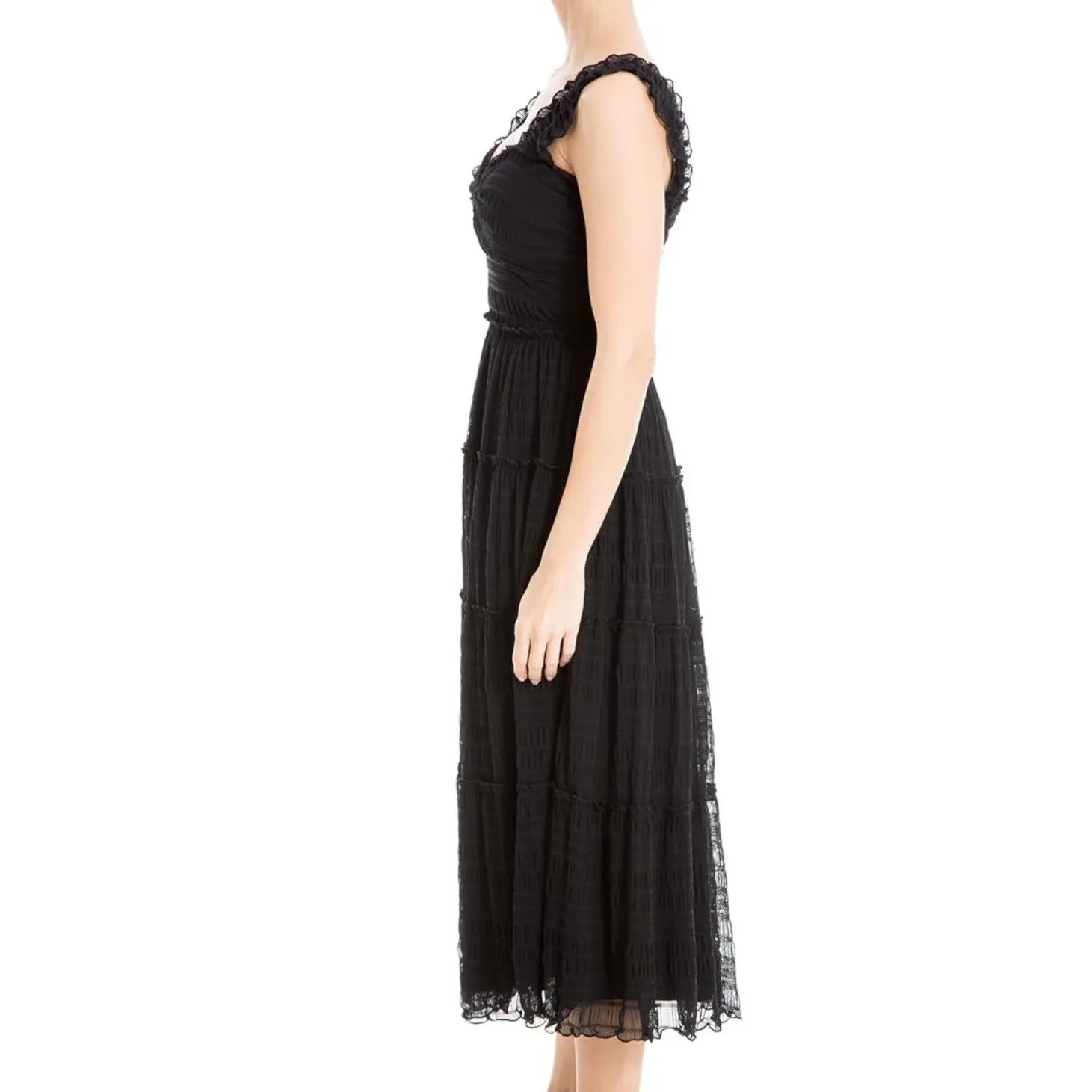 NWT Max Studio Mesh Ruffle Smocked Waist Stretchy Black Midi Dress Size M - Image 4