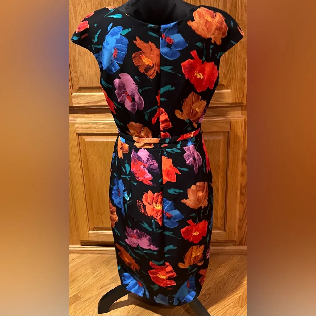 David Meister Cap Sleeve Belted Floral Print Stretch Lined Sheath Dress Size 10 - Image 8