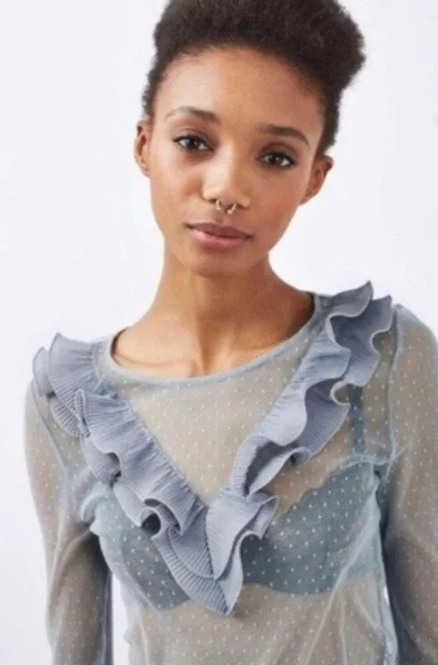 NWT Blue Swiss Dot Spot Mesh Ruffle Blouse  - Image 3