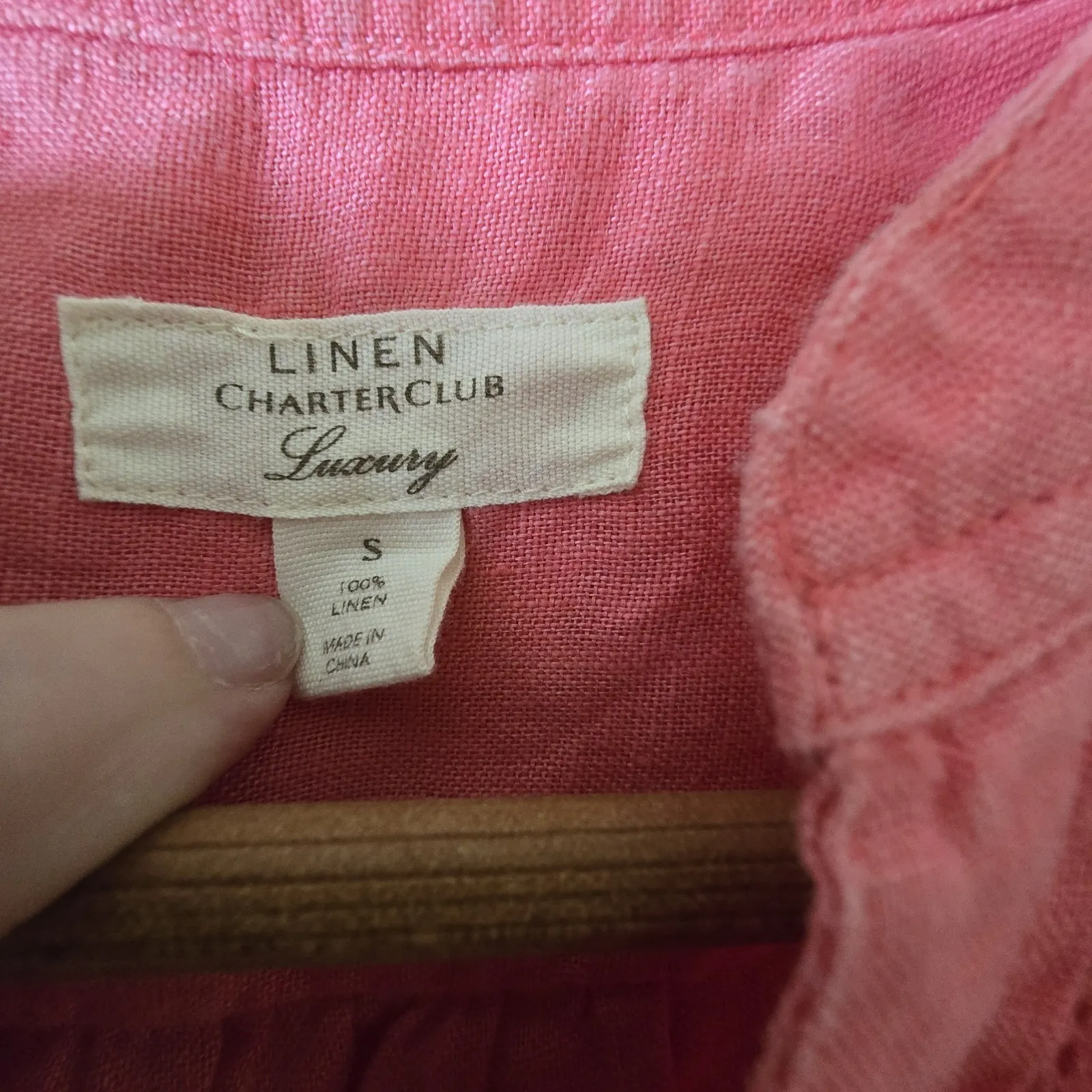 Charter Club Luxury Linen Pink Top Embroidered Beaded Button‎ Up Women's Small - Image 3