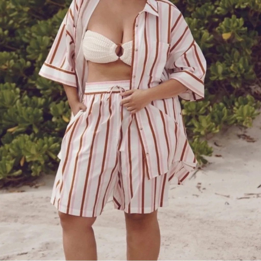 Anthropologie Women's L Boxy Buttondown Shirt Striped Coverup Coord Vacation Pink Size L - Image 12