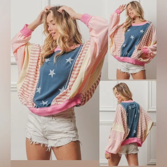 BiBi Stars and Stripes Round Neck Long Sleeve Top Pink Blue White Size Medium - Image 2