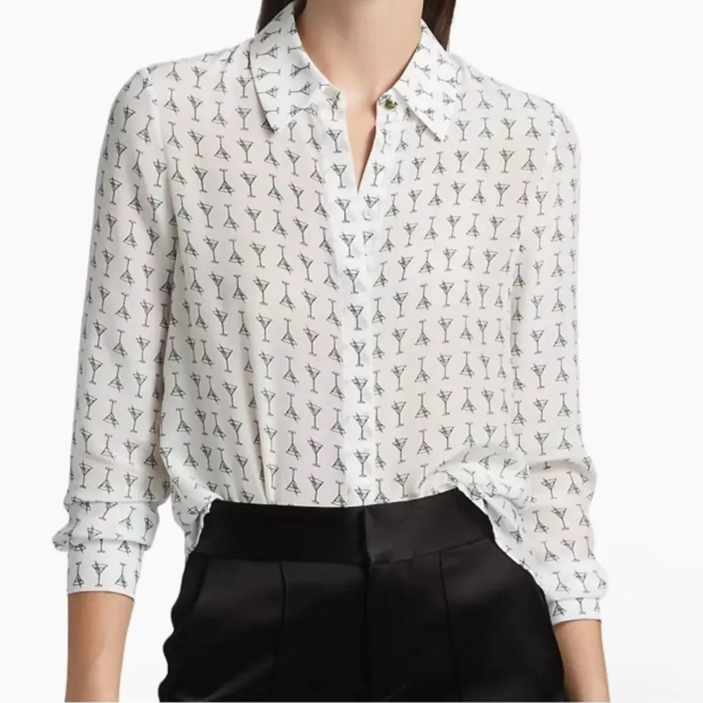 Alice + Olivia Small Willa Martini Silk Shirt Long Sleeve Sheer Off White Office - Image 6