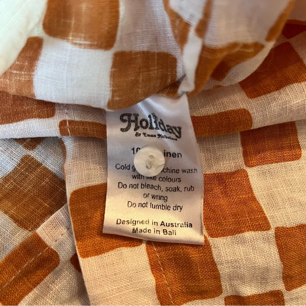 Holiday by Emma Mulholland 100% Linen White & Rust Check Short Sleeve Shirt Sz S Orange - Image 6