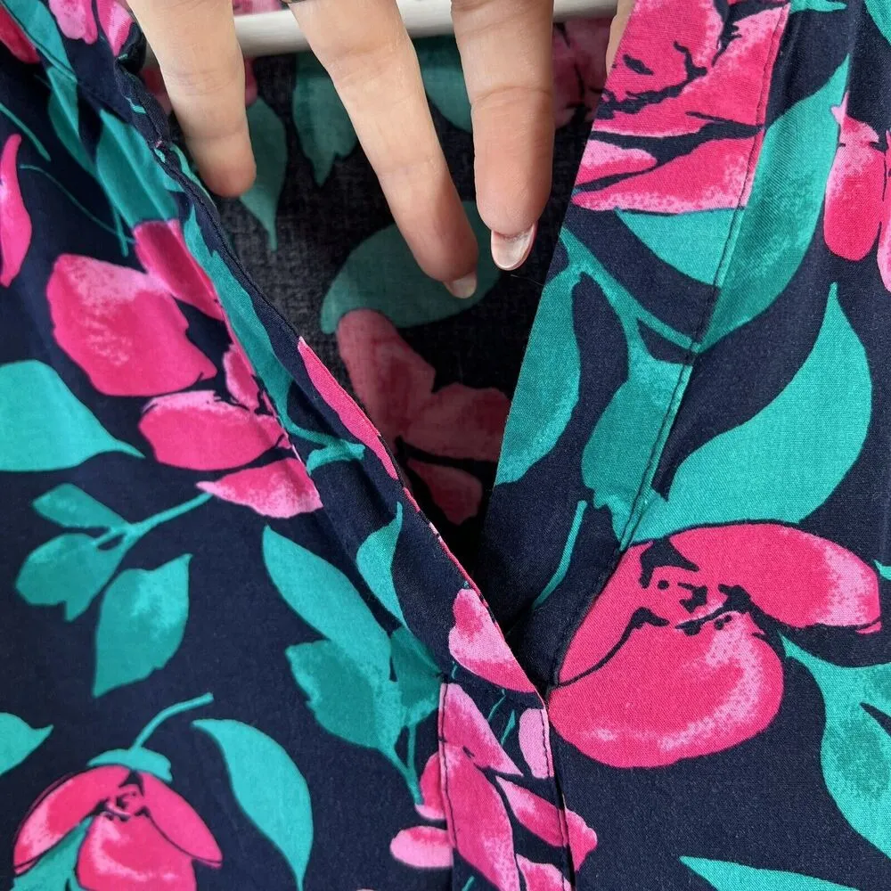 Talbots Woman Sz L Tunic Top Floral Navy Pink Popover V Neck Long Sleeve Blouse - Image 4