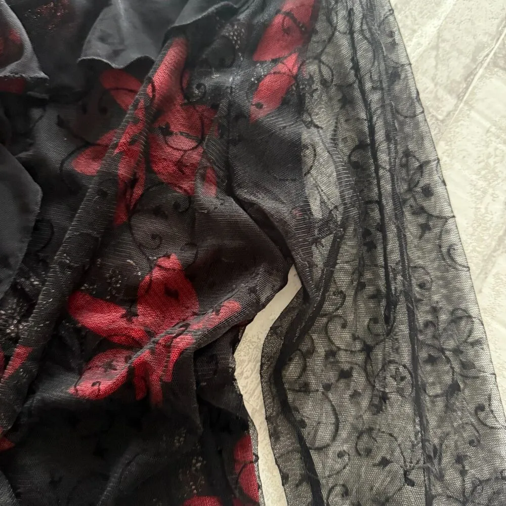 Women's Red Black Floral Mesh Ruffled Crewneck Witchcore Lace Top No Sz Size undefined - Image 3