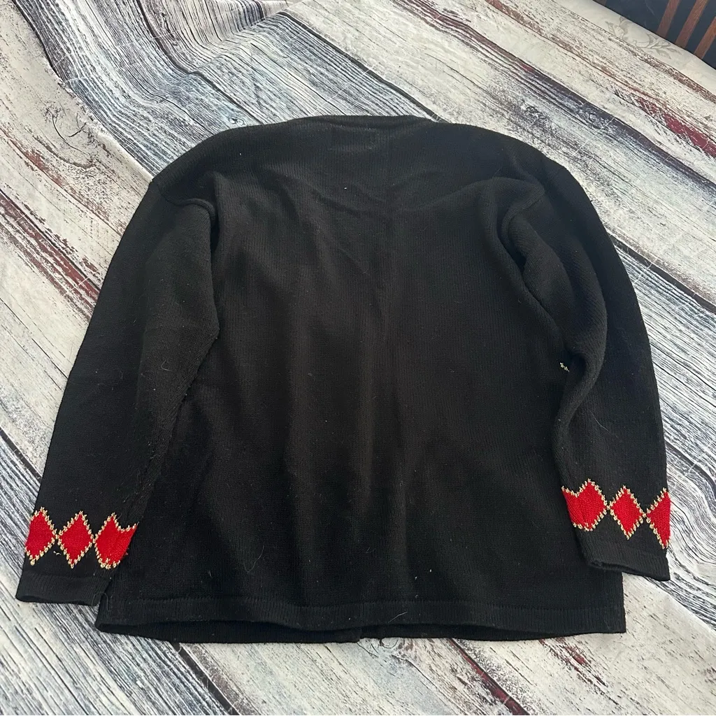 Vintage Christopher & Banks Black Cardigan with Red and Green Argyle - Image 4