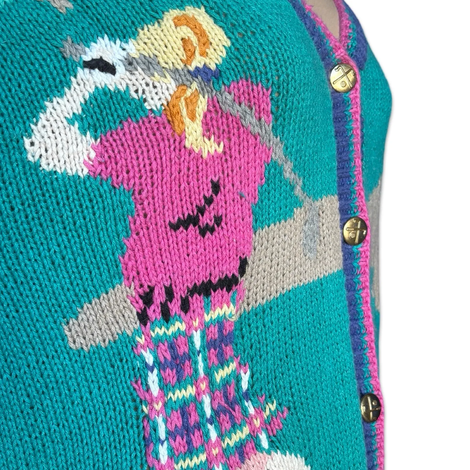 Vintage Portraits By Northern Isles Golf Cardigan Hand Knit Novelty Sweater 3X Blue - Image 3